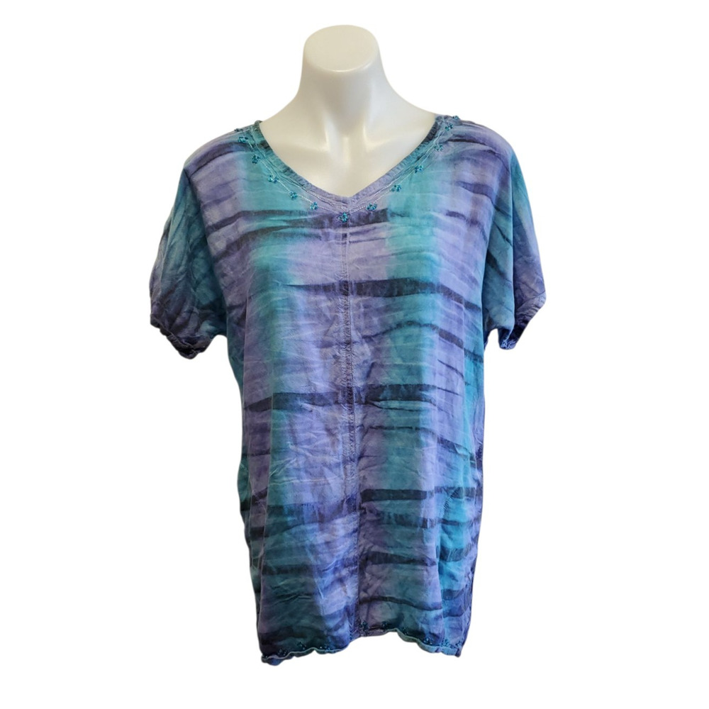 Vintage Greater Good S/M Tie Dye Blue Purple Beaded Embroidery Boho Tunic Blouse